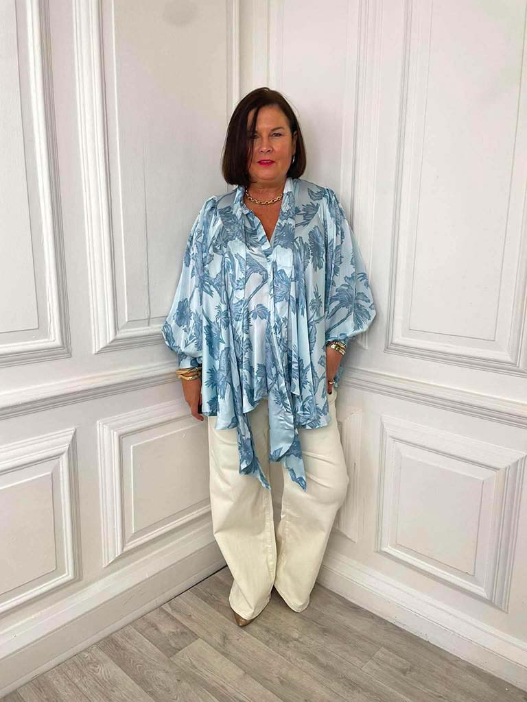 Palm Pussybow Blouse - Aqua
