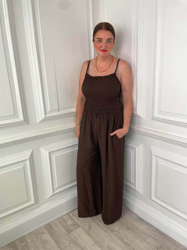 Shirred Strappy Jumpsuit - Chocolate