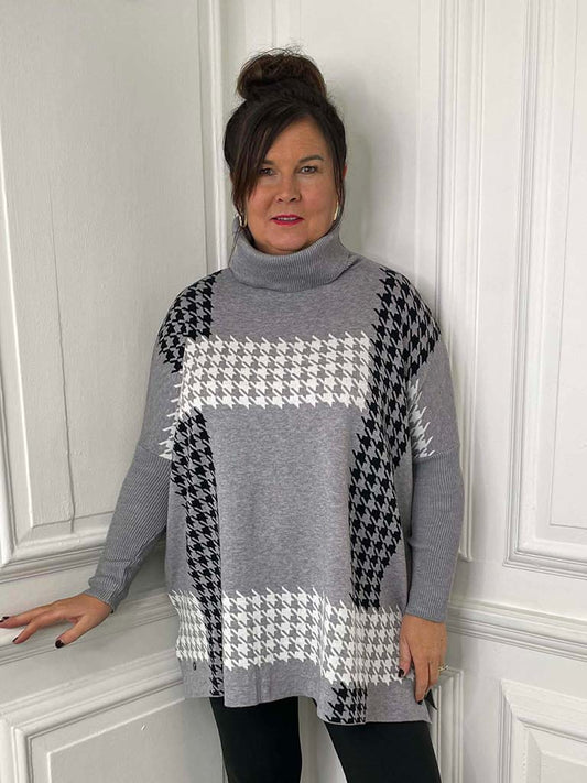 Malissa J Dogtooth Polo Knit - Grey