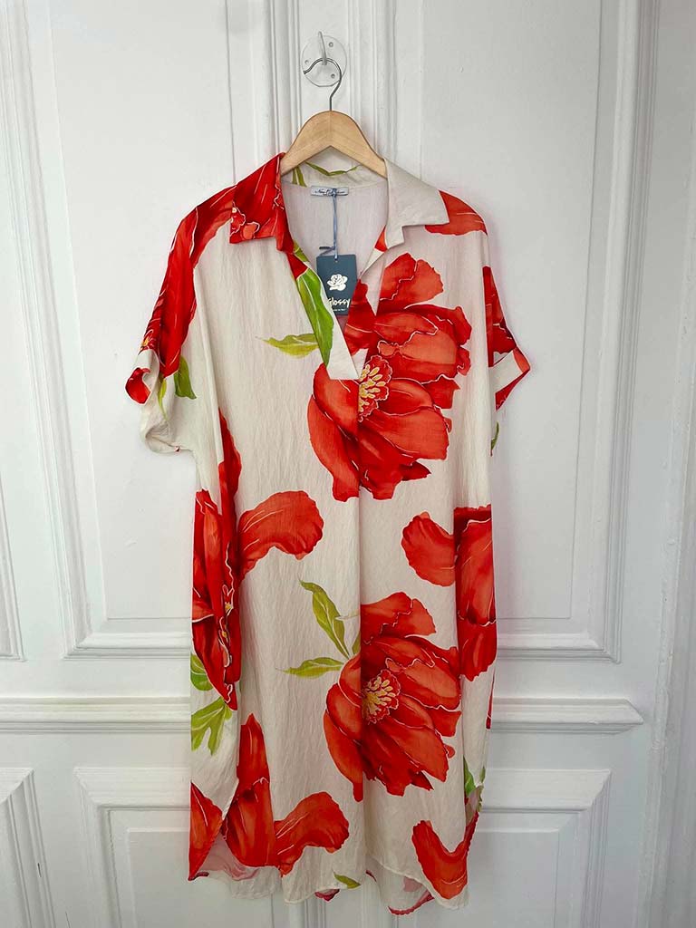 Floral Pocket V-Neck Dress - Red