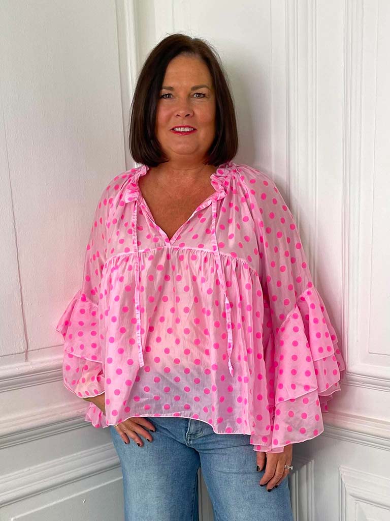 Polka Dot Ruffle Blouse - Rose & Bubblegum