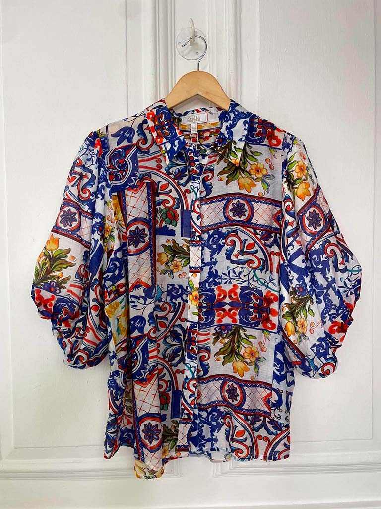 Puff Sleeve Tile Print Blouse