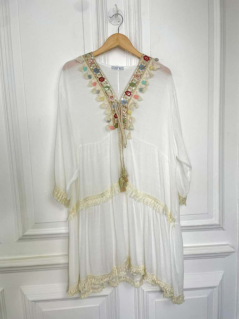 Pastel Pom Pom Kaftan Dress
