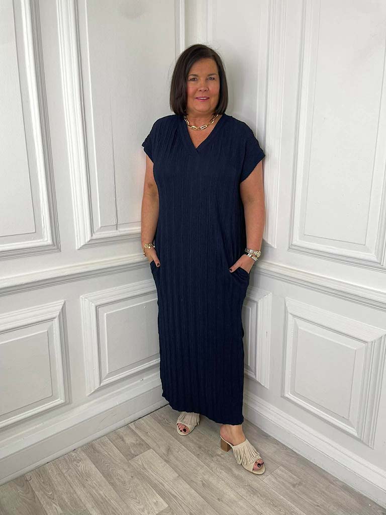 Textured Side Split Dress - Navy
