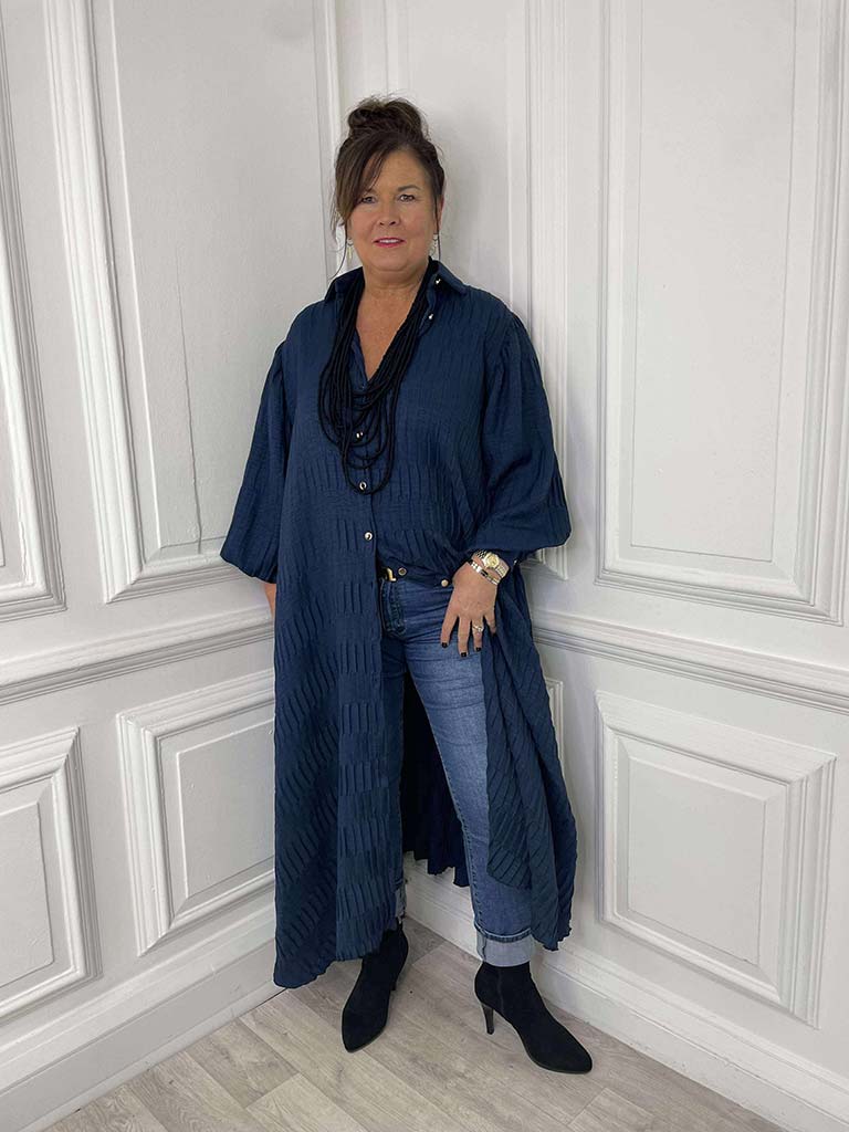 Textured Pleat Shirt Dress - Navy