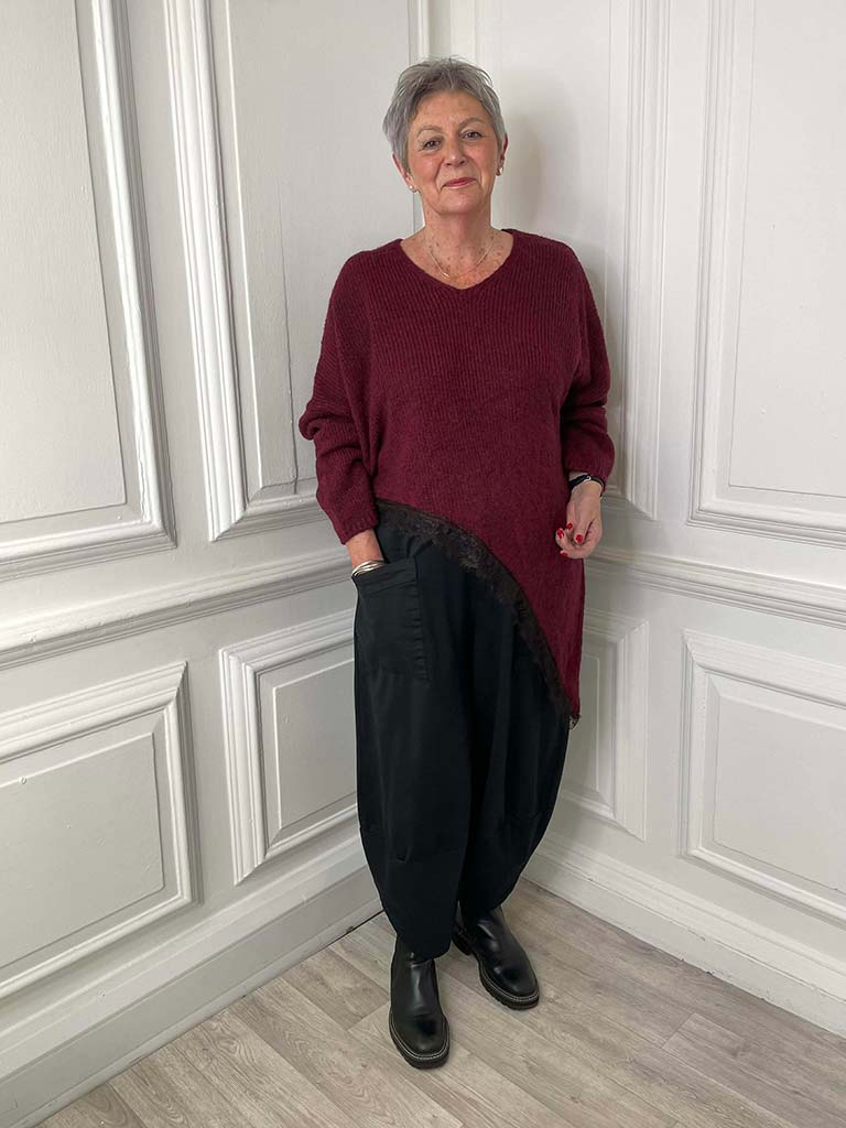 Lace Edge Asymmetric Knit - Burgundy