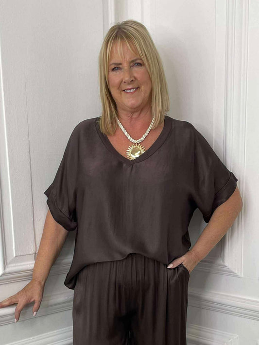 Silk Feel V-Neck Top - Chocolate