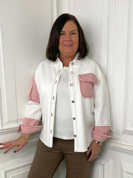 Colour Block Denim Jacket - Pink & White