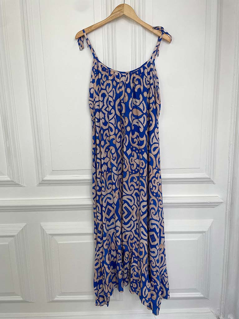 Tie Strap Printed Dress - Royal Blue