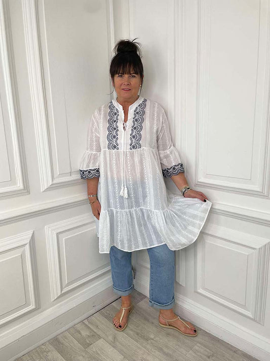 Broderie Anglaise Smock Dress - White