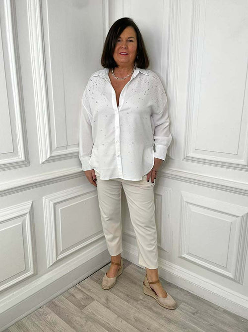 Beige Malissa J ponte cigarette trousers paired with a white relaxed-fit shirt, styled for womens fashion everyday wear and. - Malissa J Ponte Cigarette Trousers - Pearl