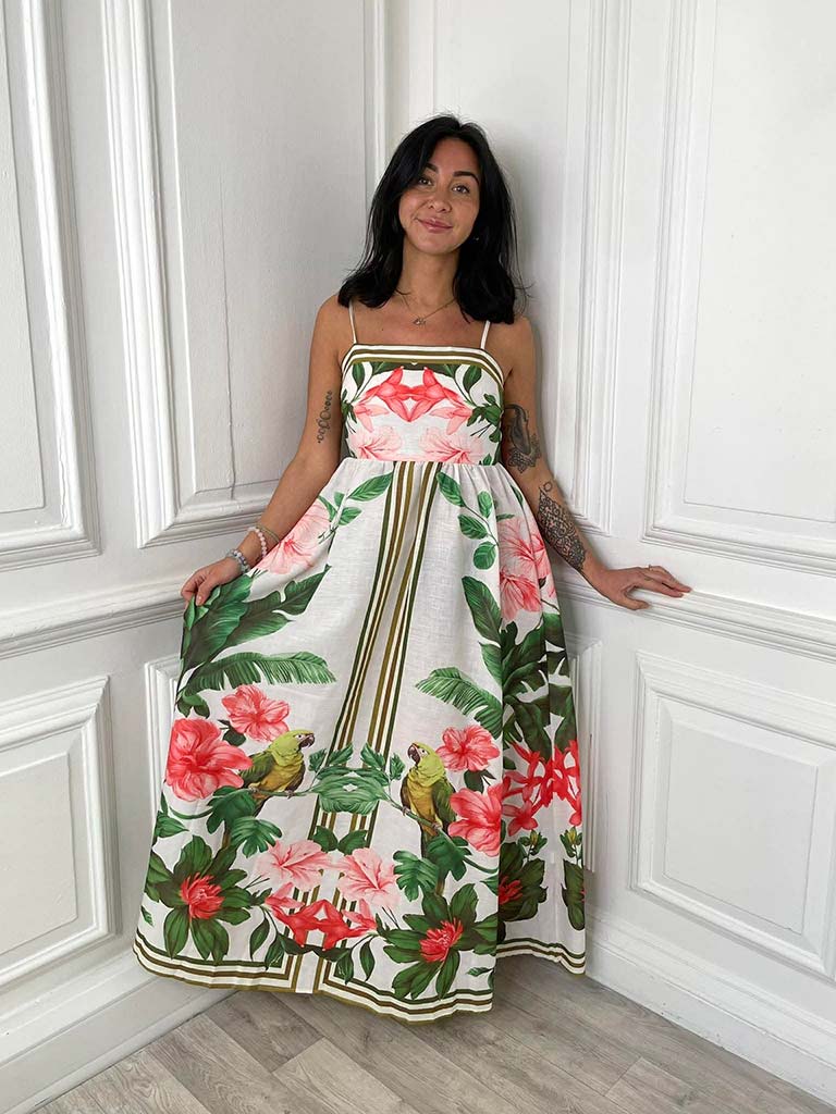 Parrot & Hibiscus Maxi Dress