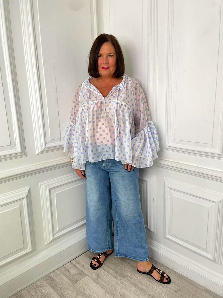 Polka Dot Ruffle Blouse - White & Blue
