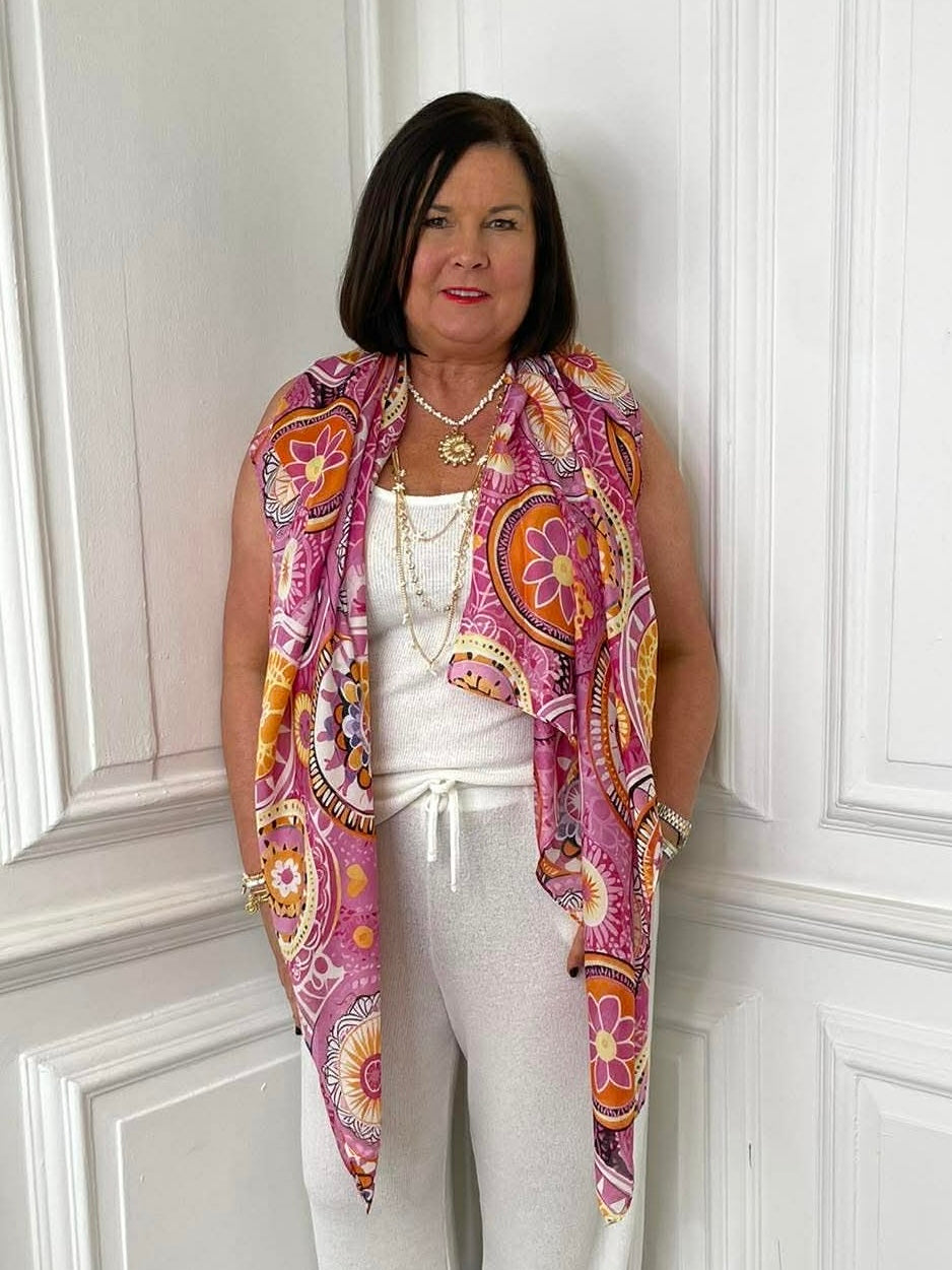 Pink tile print scarf draped for relaxed styling with white casual outfit for modern everyday womens fashion. - Malissa J Tile Scarf - Pink