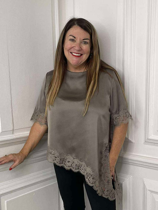 Lace Trim Asymmetric Top - Mocha