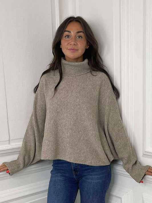 Ribbed Batwing Polo Knit - Biscuit
