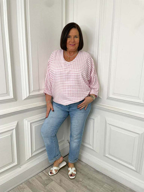 Gingham Gathered Hem Top - Pink