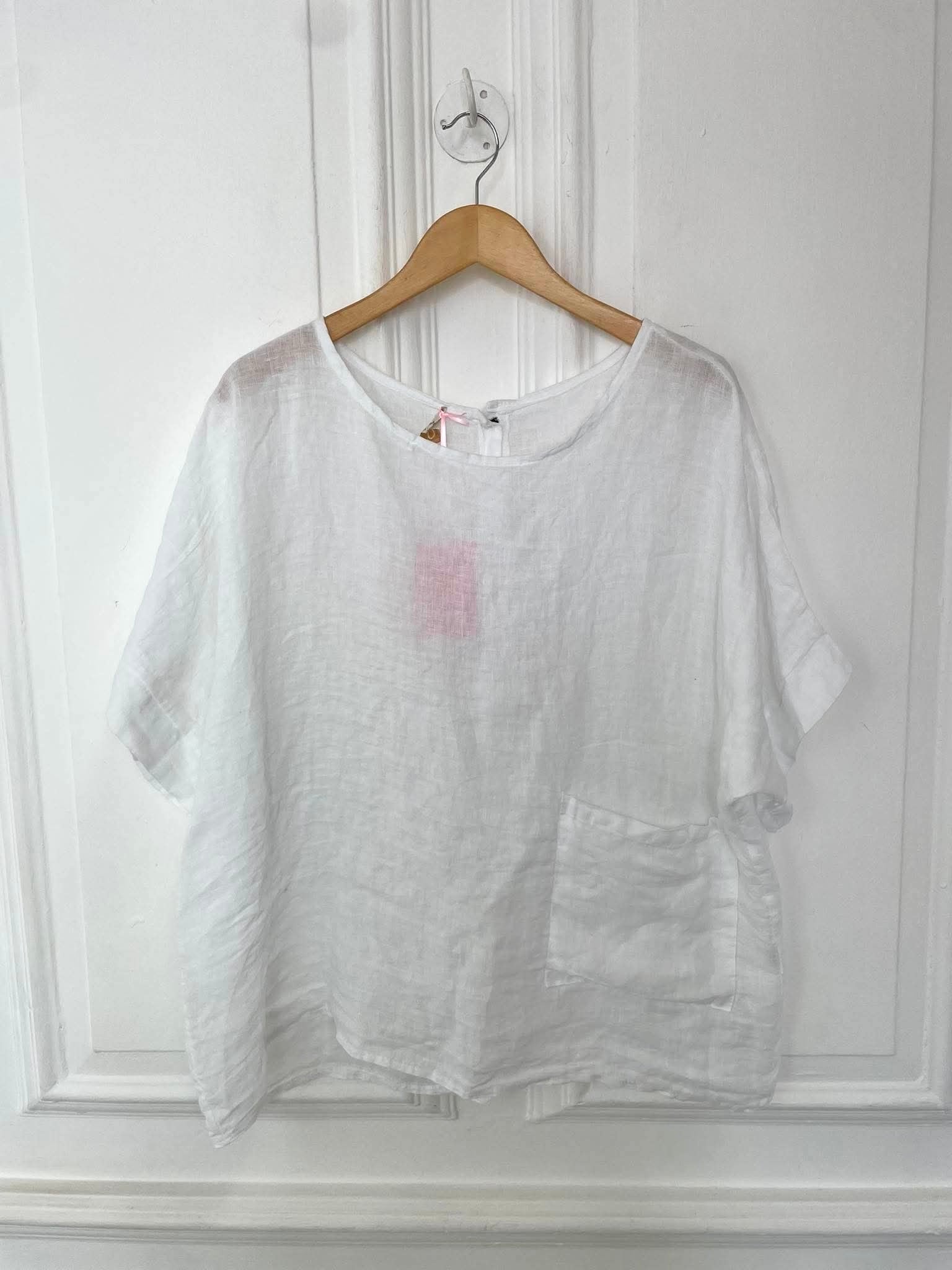 Linen Button Back Pocket Top - White