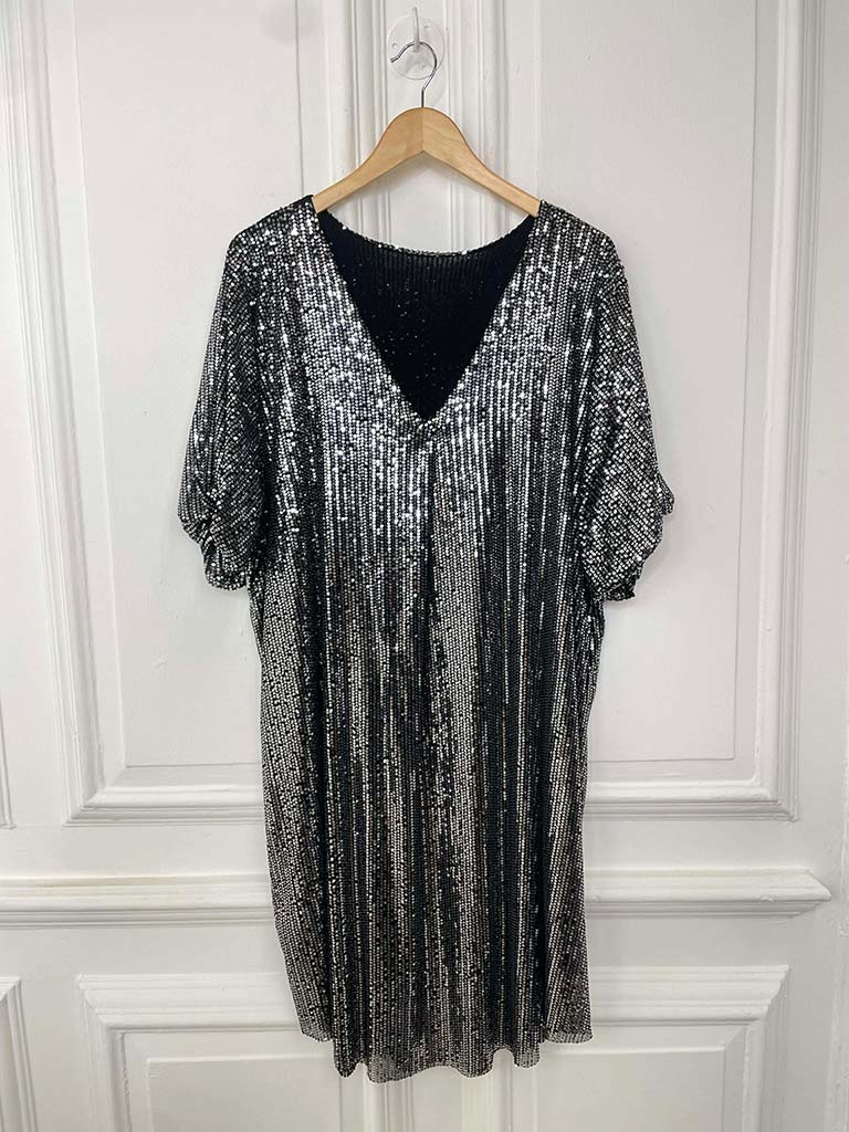 Sequin V-Neck Dress - Pewter