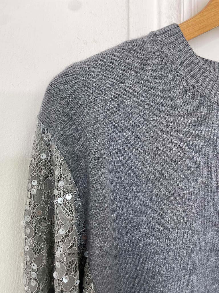 Sequin Lace Sleeve Knit - Silver Grey
