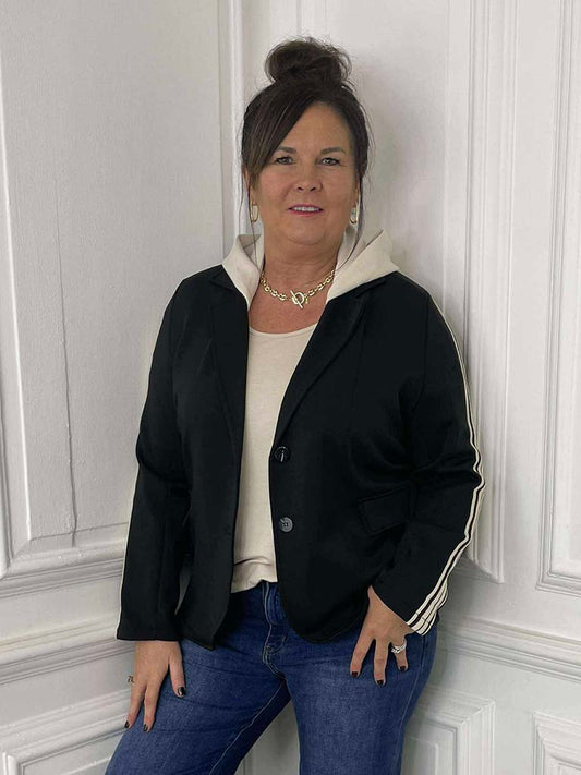 Hooded Stripe Sleeve Blazer - Black