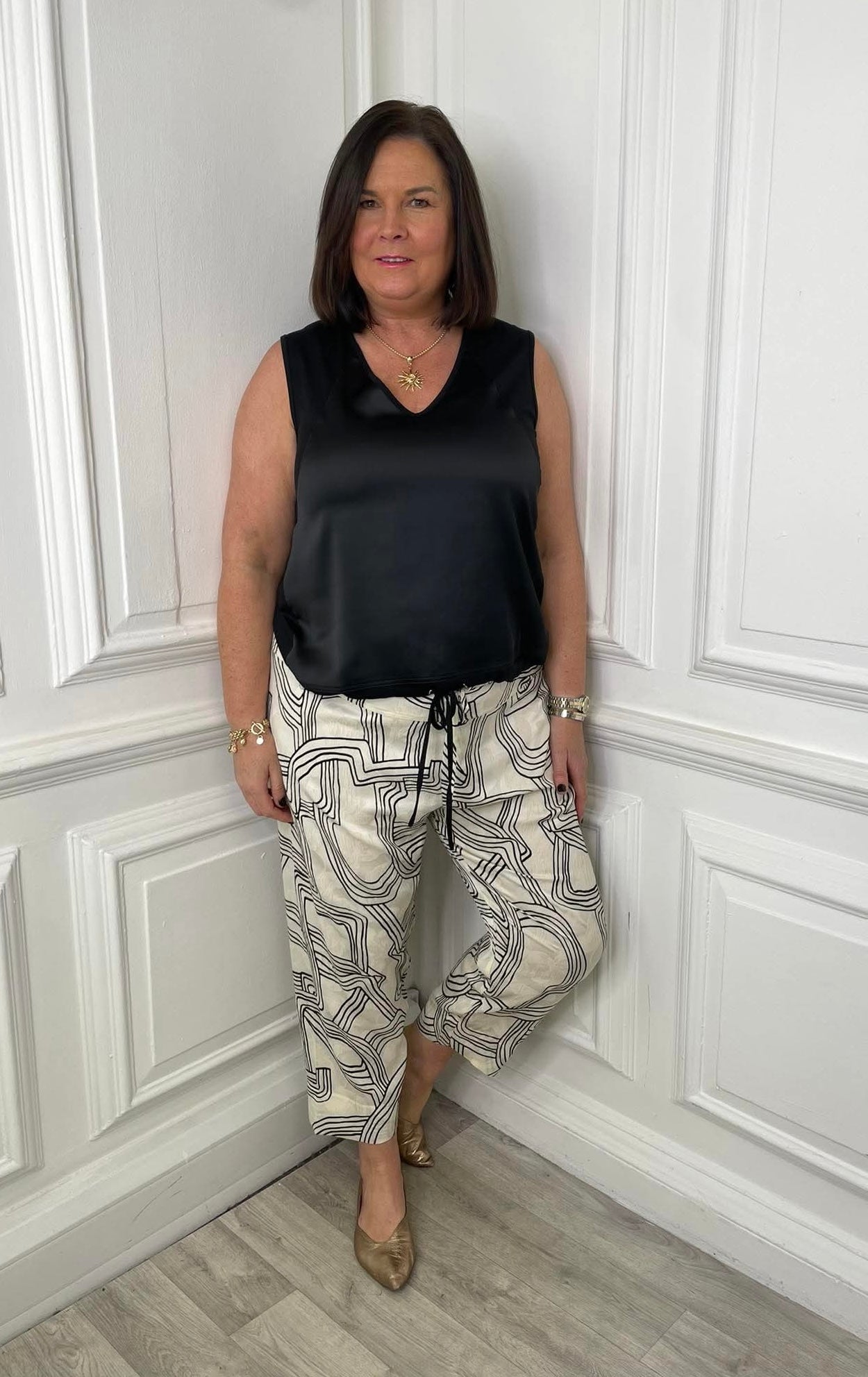 Ecru abstract print fisherman trousers with relaxed fit styled in modern womens fashion everyday wear. - Malissa J Abstract Fisherman Trousers - Ecru