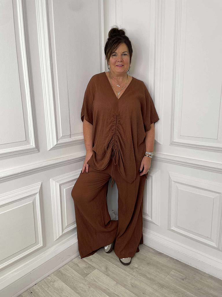 Seersucker Wide Leg Trousers - Burnt Umber