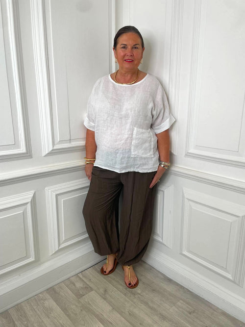 Linen Button Back Pocket Top - White