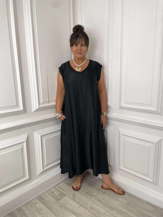 Silk Feel Midi Dress - Black