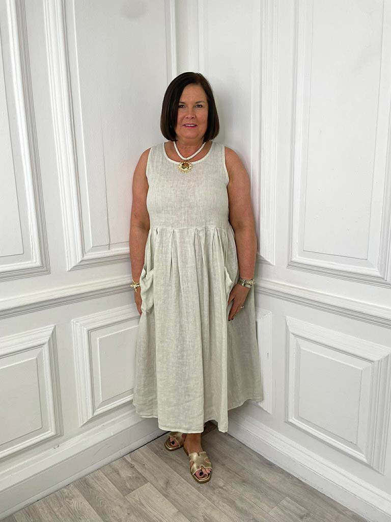 Linen Sleeveless Pocket Dress - Stone