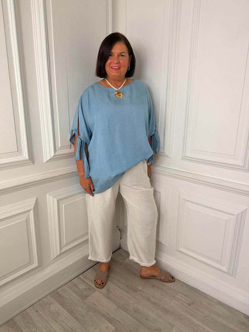 Chambray Tie Sleeve Top - Pale Denim