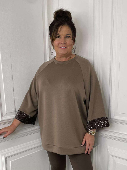 Sequin Cuff Sweatshirt - Mocha