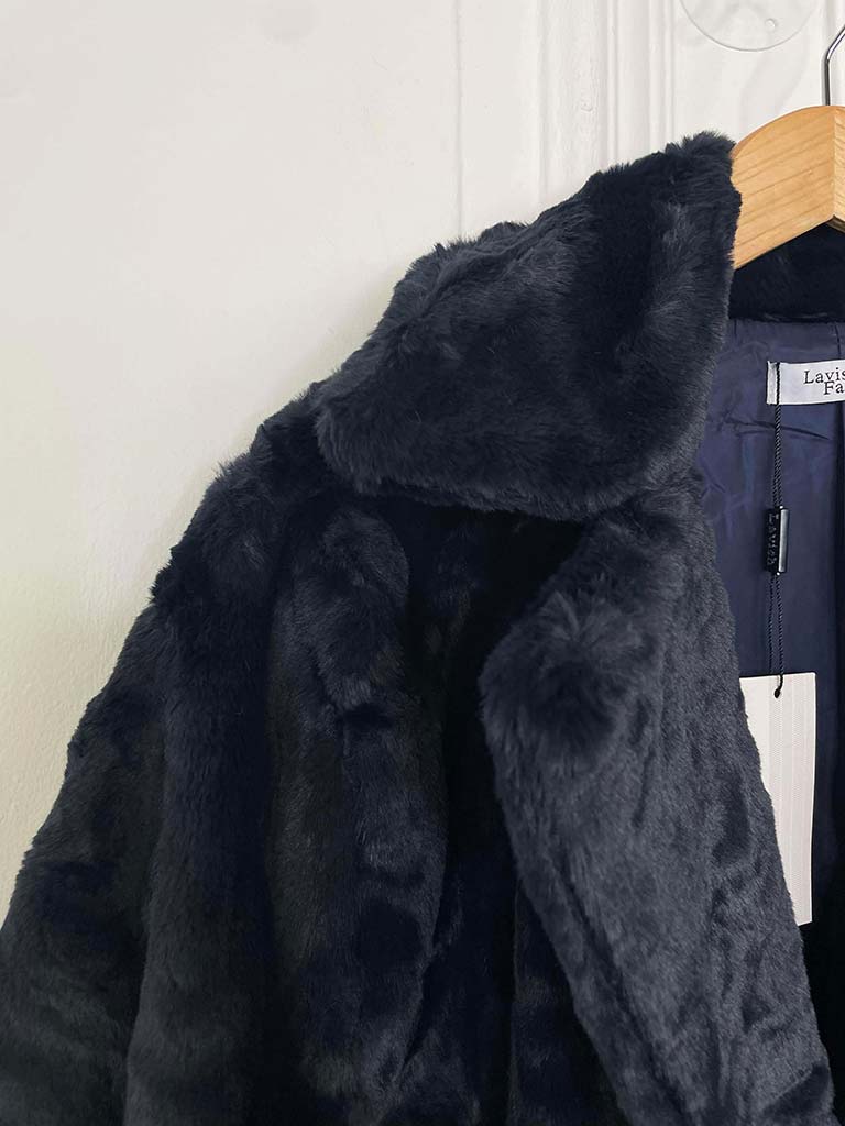 Luxe Faux Fur Long Coat - Navy
