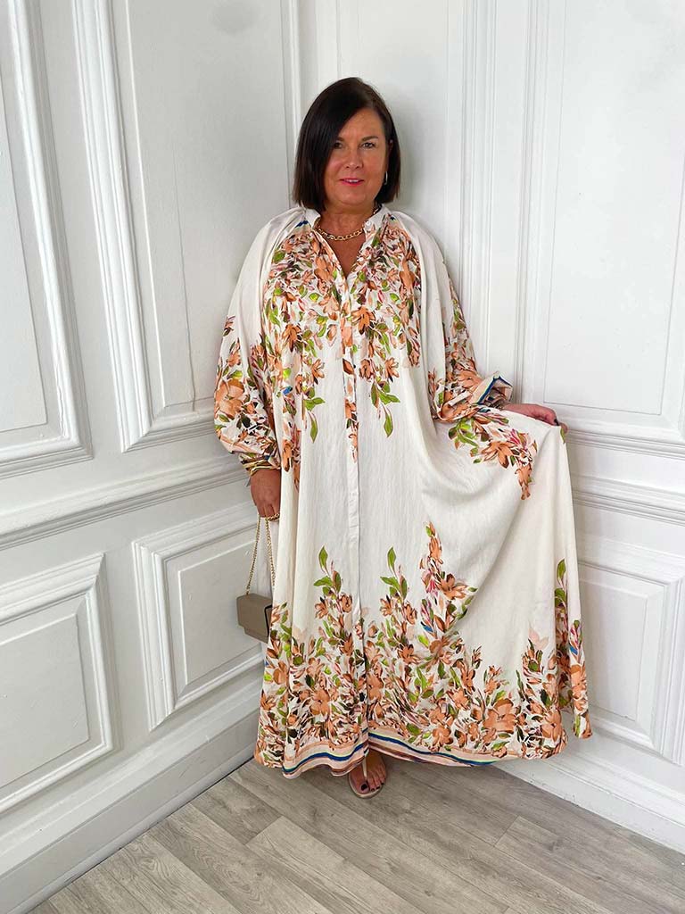Oversized Floral Maxi Dress - Beige