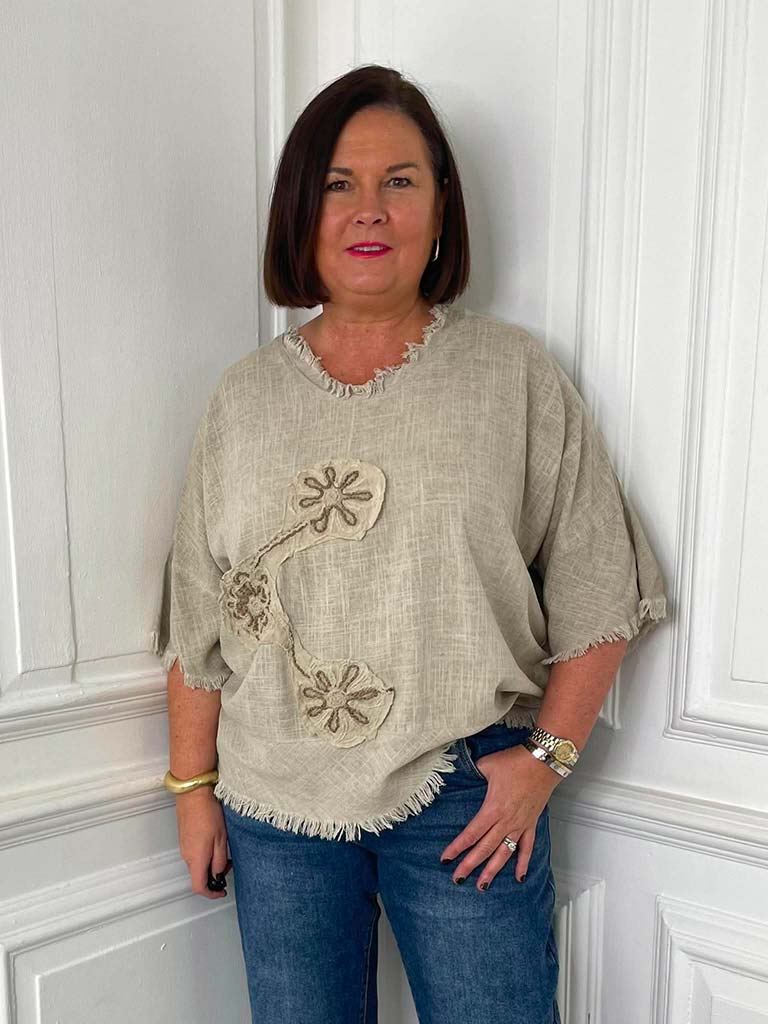 Flower Stitch Raw Edge Top - Sand