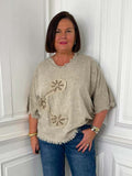 Flower Stitch Raw Edge Top - Sand