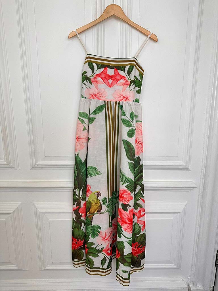 Parrot & Hibiscus Maxi Dress