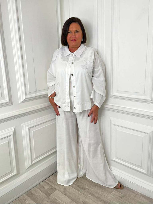 Raw Edge Flower Shacket - White