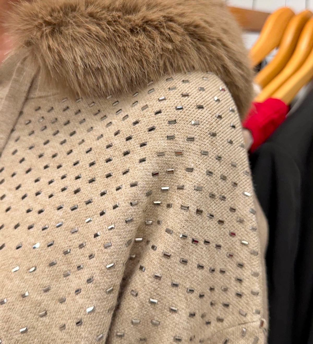 Malissa J Embellished Faux Fur Hoodie - Stone