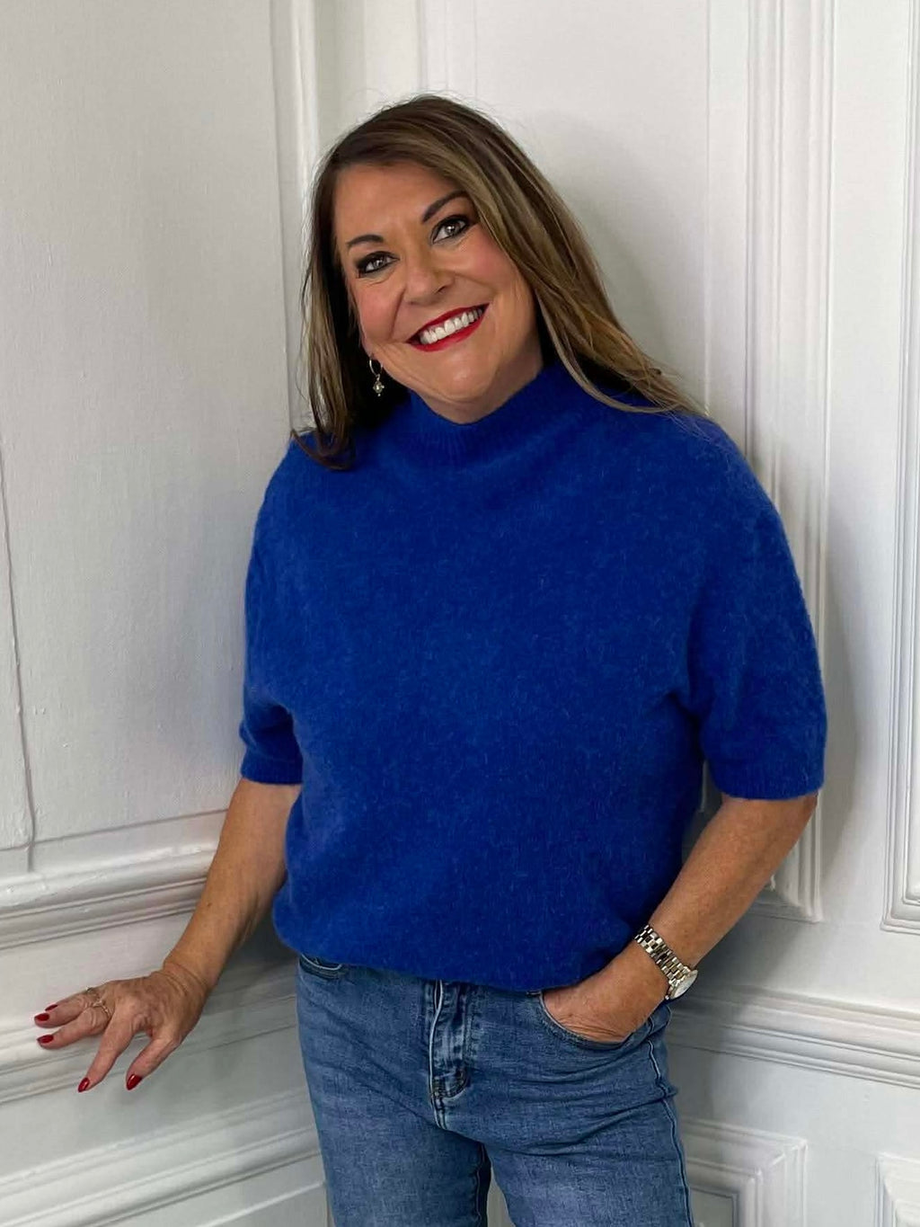 High Neck Short Sleeve Knit - Cobalt