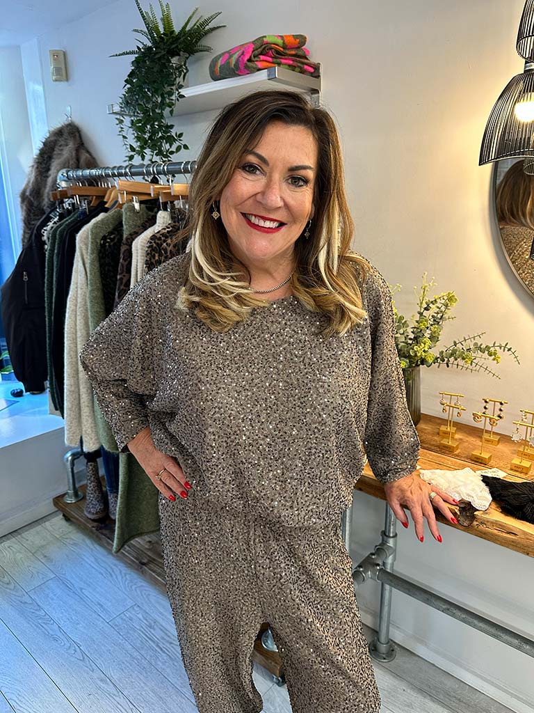 Malissa J Sequin Batwing Top - Latte
