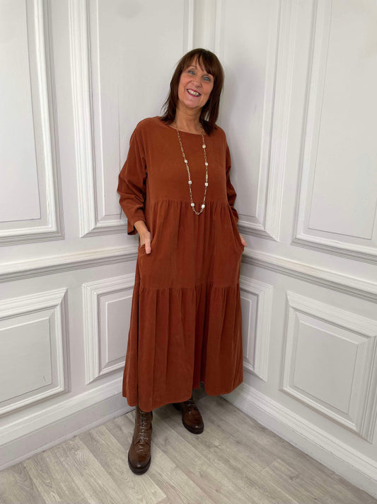 Micro Cord Tiered Midaxi Dress - Rust