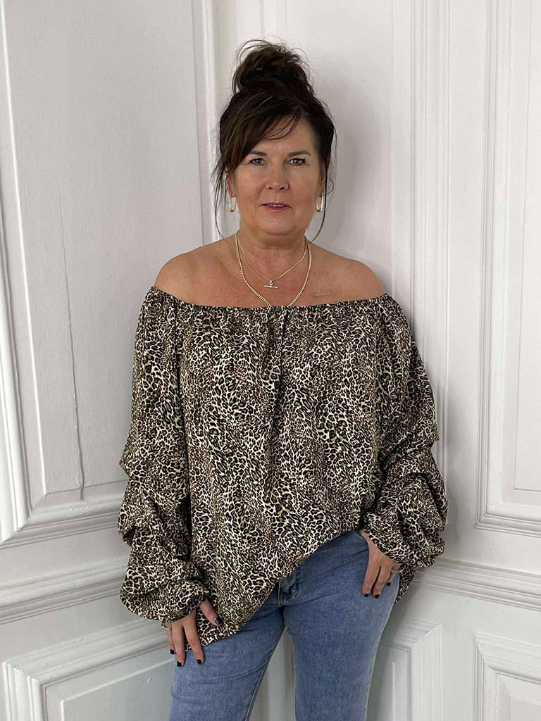 Ruched Sleeve Bardot Top - Leopard