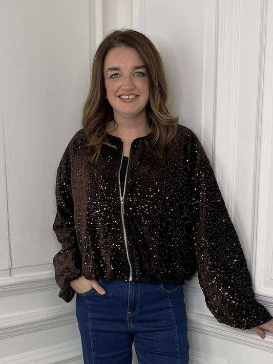 Sequin Bomber Jacket - Chocolate