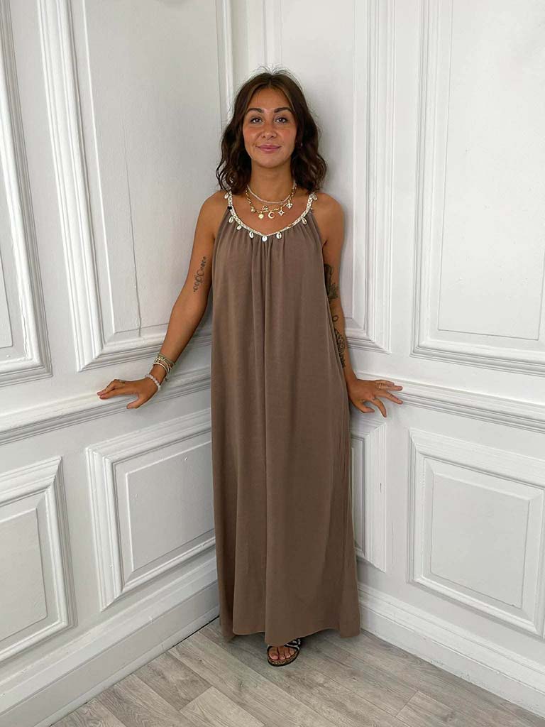 Boho Embellished Maxi Dress - Cappuccino