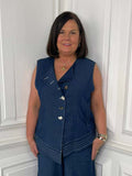 Navy asymmetric denim waistcoat with button front, relaxed styling for womens fashion everyday wear modern outfit. - Malissa J Asymmetric Denim Waistcoat