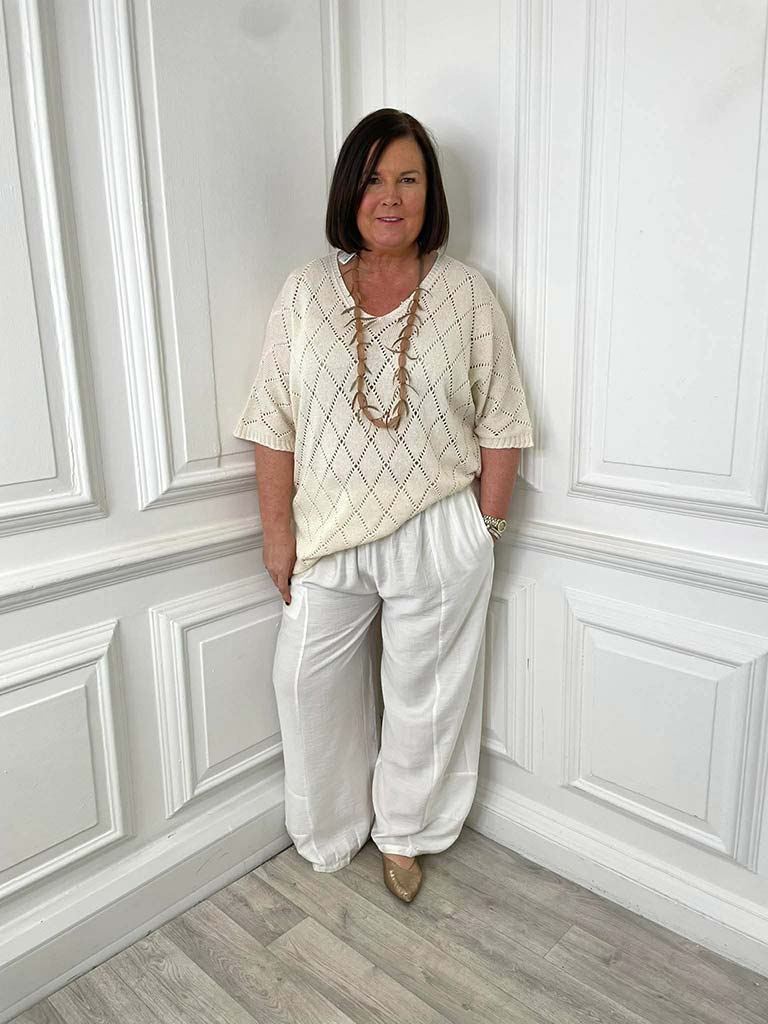 Wide Curved Hem Trousers - White