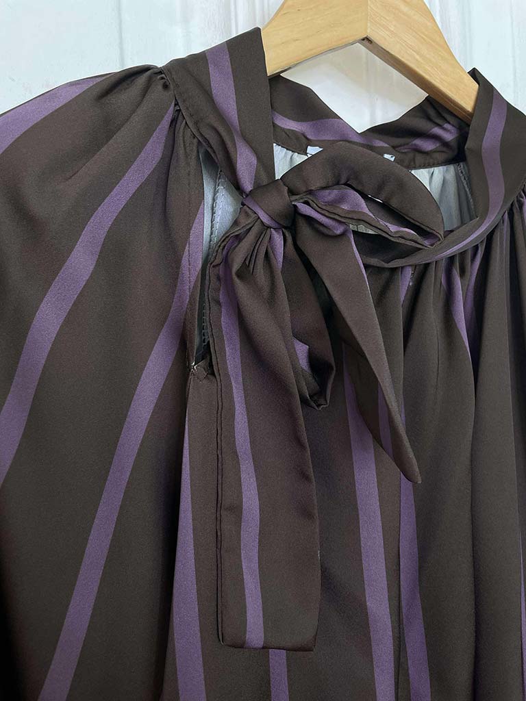 Stripe Tie Neck Blouse - Chocolate