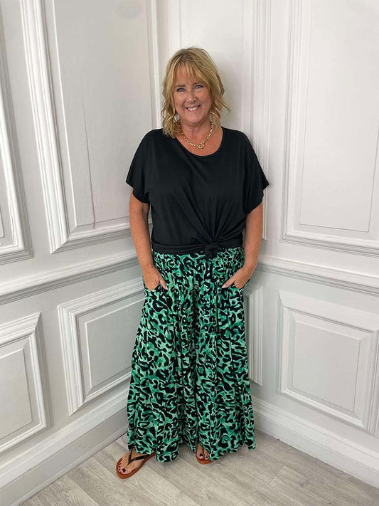 Leopard Print Palazzos - Ocean Green