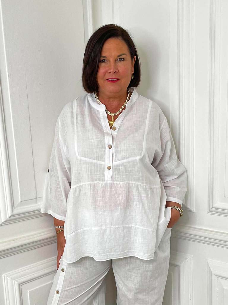 Cotton & Linen Smock Top - White